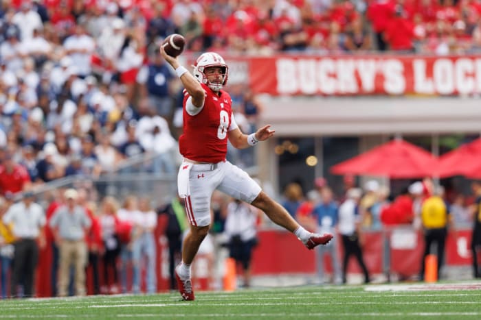 Sep 16, 2023; Madison, Wisconsin, USA; Wisconsin Badgers quarterback Tanner Mordecai (8) during the game against the Georgia Southern Eagles at Camp Randall Stadium. Mandatory Credit: Jeff Hanisch-USA TODAY Sports